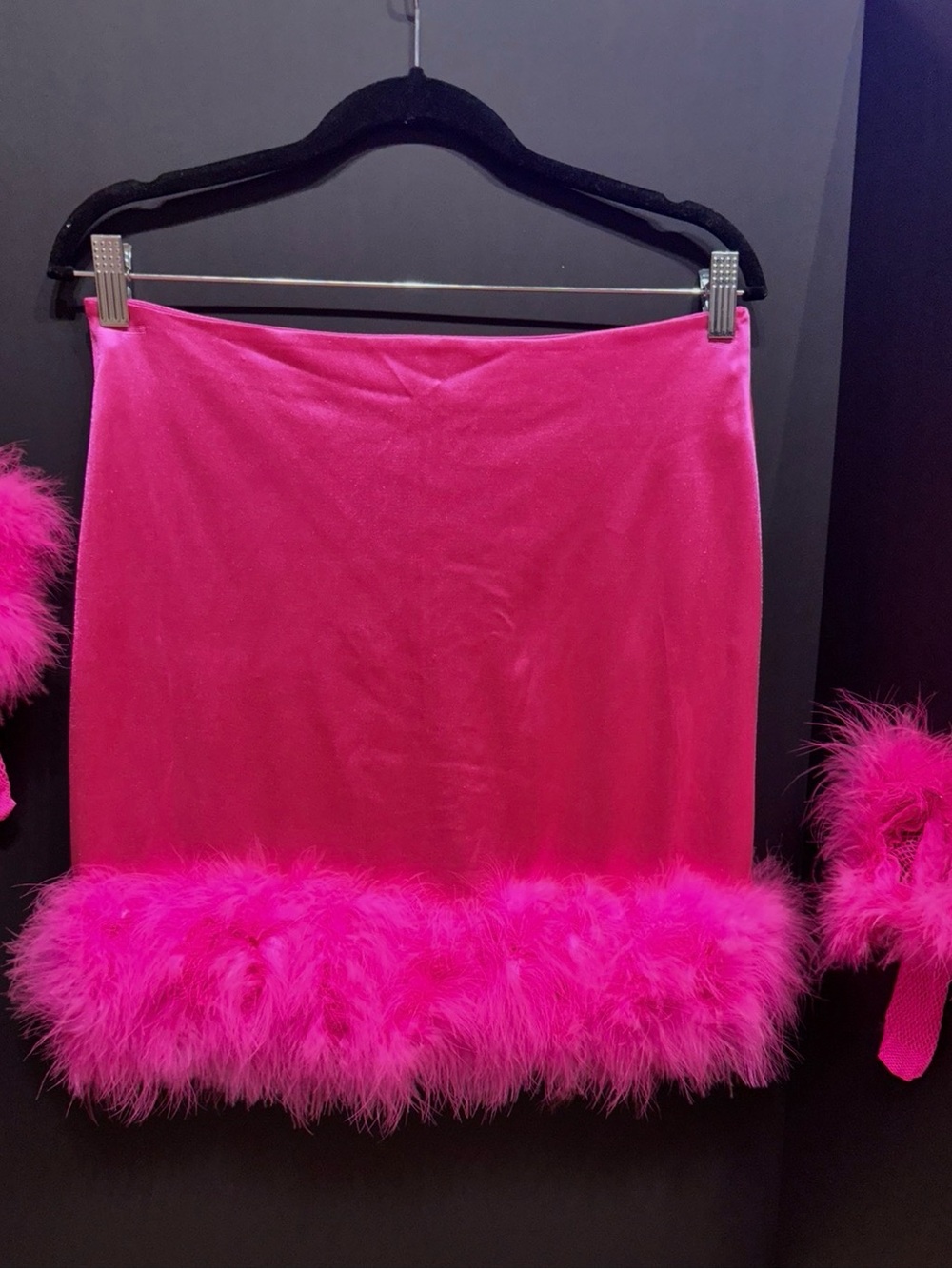 Hot Pink Feather-Trim Mini Skirt with matching socks